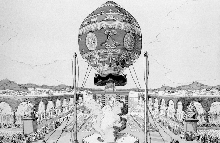 A Montgolfier balloon makes a tethered ascent circa 1783