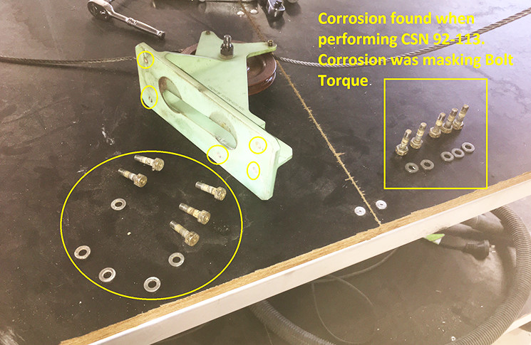 SIKORSKY S92 A - ATA 6720 TAIL ROTOR CONTROL SYSTEM - RIVET - SHEARED RIVETS. During routine inspection, it was found that one of the tail rotor pulley attachment bracket bolt has failed 100 in-lb torque check. Further investigation found FWD inboard anchor nut rivets had sheared - allowing the bolt to be somewhat tightened, but not able to be torqued. Root cause not established as yet, however the main contributing factor was the finding that the bolts of the attachment were installed dry and light surface corrosion was found on the shank and within the bolt holes. Aircraft is approximately three years old and no major maintenance has occurred in this area. Anchor nut plate replaced, corrosion removed from all areas. All bolts, anchor nuts and mounting bracket treated with corrosion preventative compound. Sikorsky will be informed by established means.