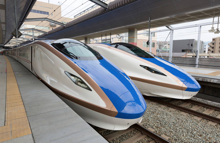 Two E7 series Shinkansen bullet trains arrived at JR Nagano Station in Nagano, Japan