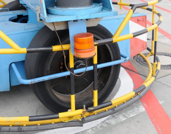 Close up of the wheel of an air bridge at Frankfurt Airport.