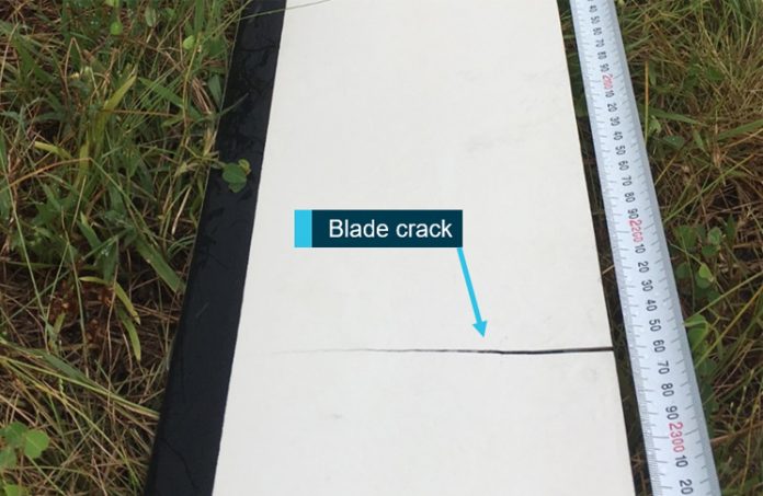 Blade crack A cracked rotor blade found after a Robinson R22 made a precautionary landing in December 2016.