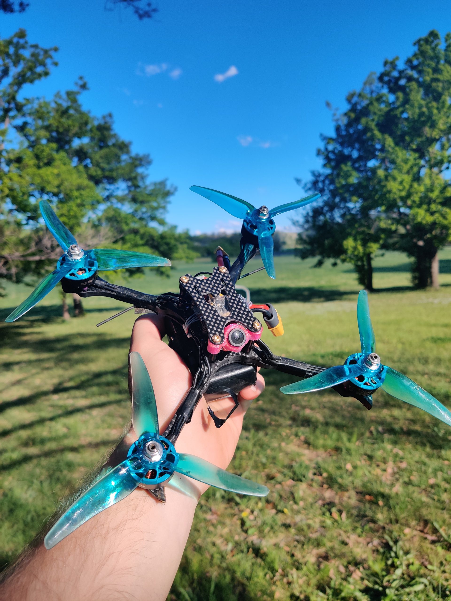 A close-up of an FPV racing drone