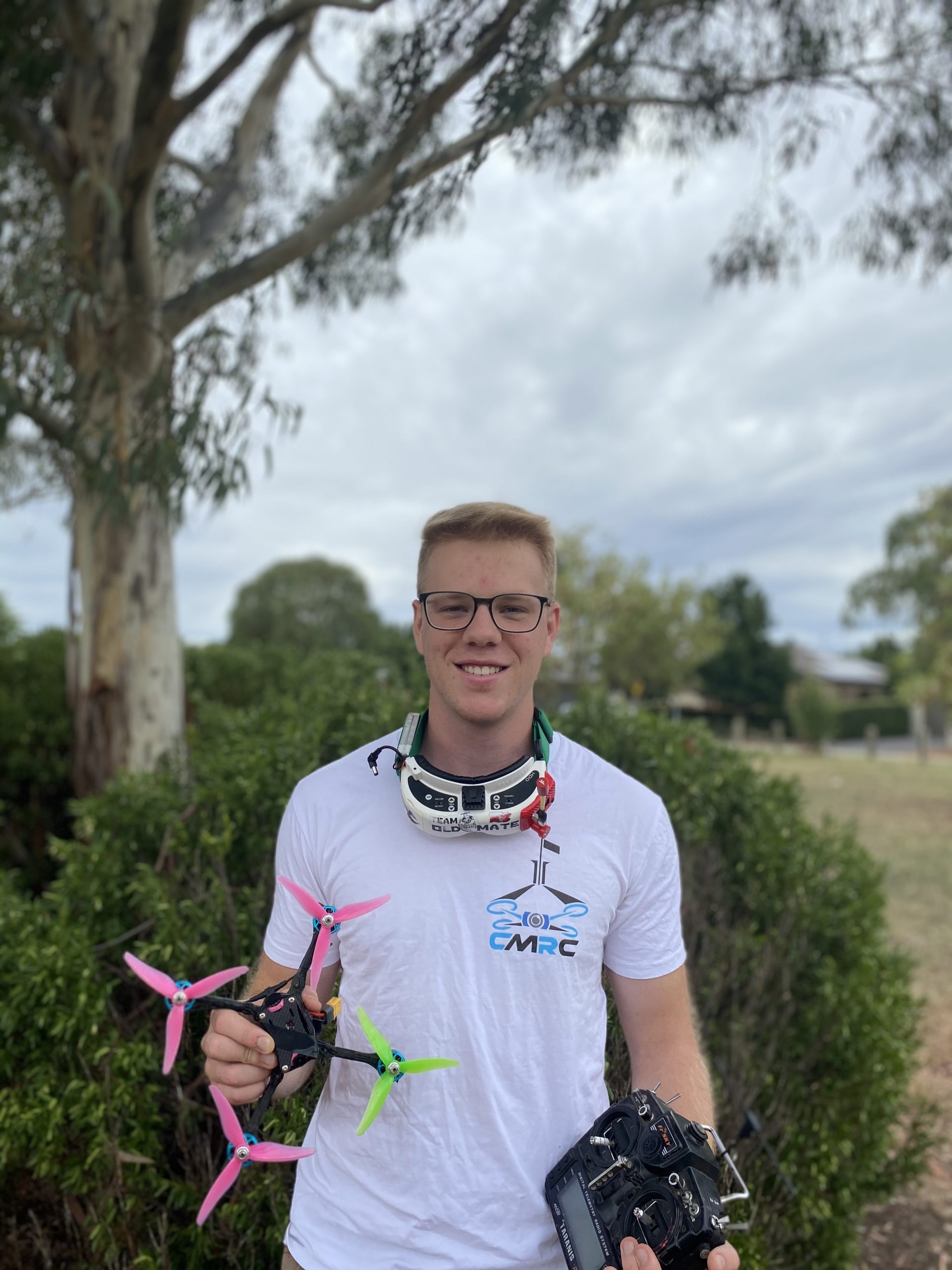 Henry Corbell, CMRC President, pictured with FPV racing goggles and controller