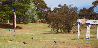 Racing drones taking off from the starting blocks at a Canberra Multirotor Racing Club race day.