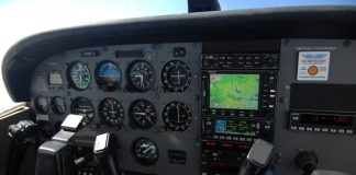 The instruments in the cockpit of a Cessna 172