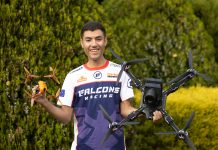 Thomas Bitmatta with drones he flies: (left) a JS-1 racing drone; (right) the XM2 Interceptor designed for shooting videos.