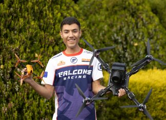 Thomas Bitmatta with drones he flies: (left) a JS-1 racing drone; (right) the XM2 Interceptor designed for shooting videos.