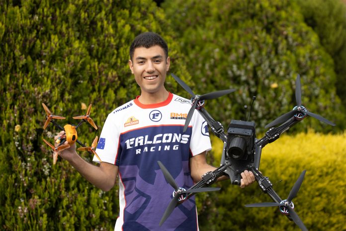 Thomas Bitmatta with drones he flies: (left) a JS-1 racing drone; (right) the XM2 Interceptor designed for shooting videos.