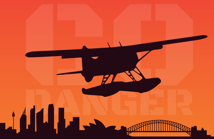 Illustration: silhouette of sea plane over Sydney Skyline