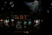 night view of aircraft cockpit with duck feathers outside