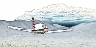 Illustration of small aircraft flying towards valley