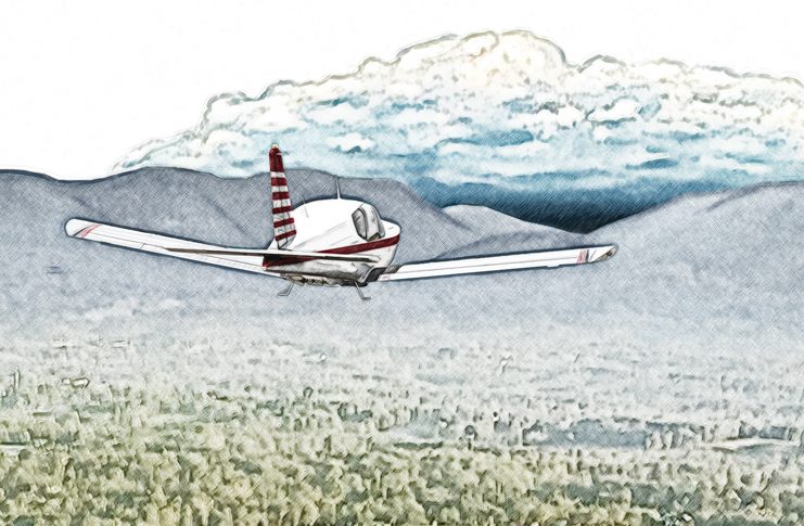 Illustration of small aircraft flying towards valley
