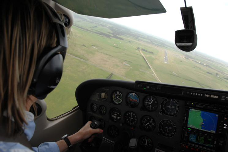 Shelley Ross checking King Island aerodrome for landing during the filming of Out-n-Back safety videos.