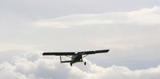 Plane flying through clouds