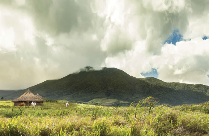 Lansdcape with grey clouds and a hut nestled within the grass