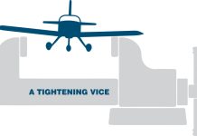 Illustration of a plane flying toward a tightening vice.