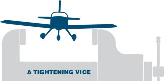 Illustration of a plane flying toward a tightening vice.