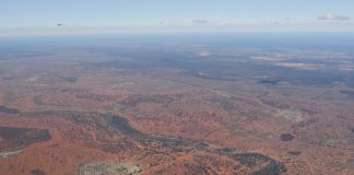 Aerial view over landscape in country NSW