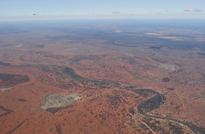 Aerial view over landscape in country NSW