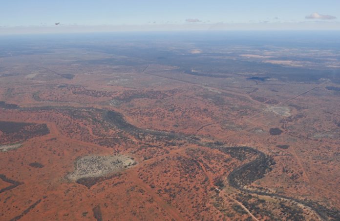 Aerial view over landscape in country NSW
