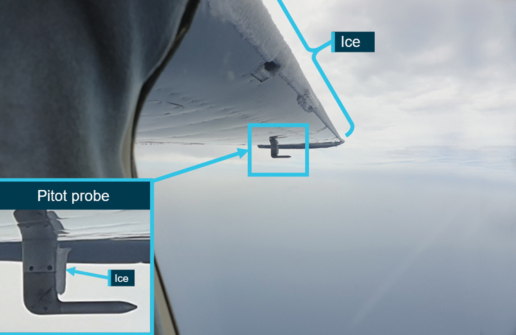 Diagram of wing showing Pitot probe and ice on the wing