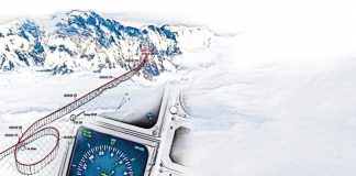 illustration of mountains covered in snow and impact path of aircraft