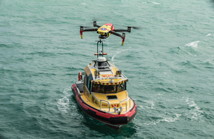 A search and rescue vessel pictured with a DJI Mavic 2 Enterprise at the launch of the Westpac Lifesafer Rescue Drone program, June 2019