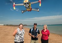 Left to right: SLSNT CEO Samantha Farrow, SLSNT Unmanned Aerial Vehicle Pilot Tom Caska, Westpac Regional General Manager Lisa Grundy.