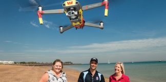 Left to right: SLSNT CEO Samantha Farrow, SLSNT Unmanned Aerial Vehicle Pilot Tom Caska, Westpac Regional General Manager Lisa Grundy.