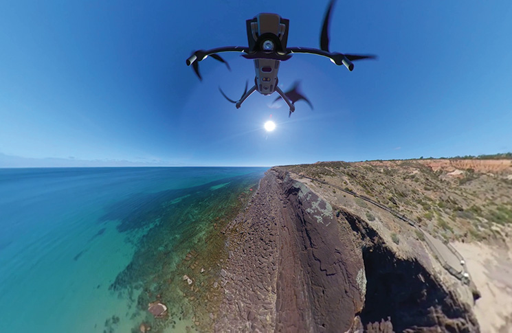 Bird’s eye view over the shore platform at Hallett Cove, South Australia, made possible by a 360 camera mounted to the base of a DJI Mavic 2 Pro.