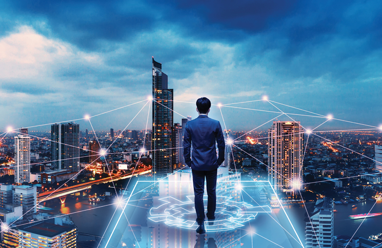 image futuristic – man standing on a platform looking out into a city scape, waiting for an electric VTOL aircraft.