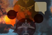 an abstract graphic of two aircrafts on a collision course with communication bubbles.