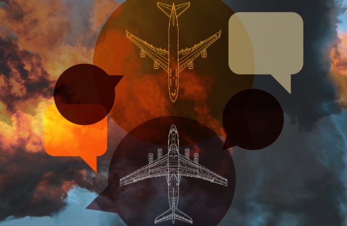 an abstract graphic of two aircrafts on a collision course with communication bubbles.