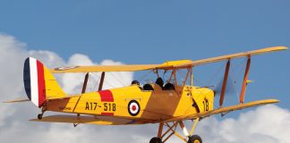 De Havilland Australia DH-82A Tiger Moth single engine biplane aircraft formerly used for pilot training by the Royal Australian Air Force.