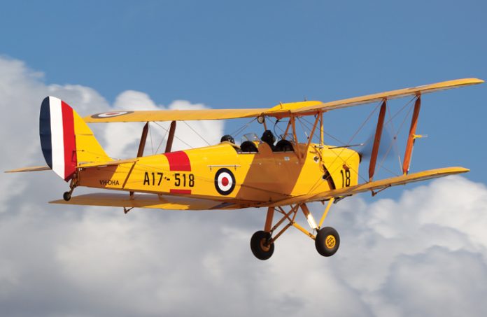 De Havilland Australia DH-82A Tiger Moth single engine biplane aircraft formerly used for pilot training by the Royal Australian Air Force.