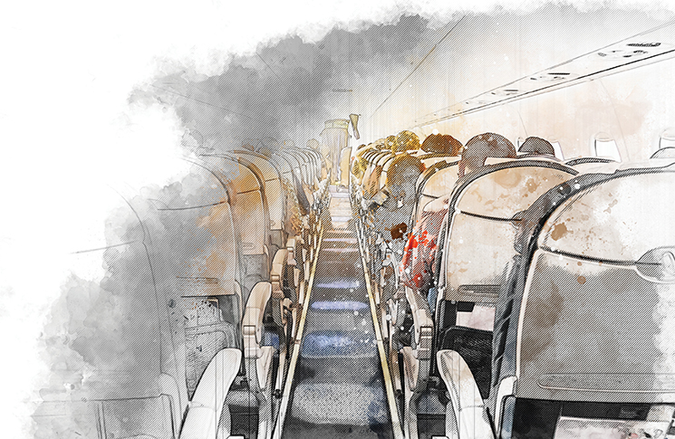 Abstract image of people sitting in their seats in an aircraft cabin