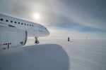 Photo by Dan Colborne. Skytraders Airbus 319LR on the ground at Wilkins Runway, Casey Station, Antarctica. Operating return flights from Hobart without refuelling, the link is a crucial element in the challenging logistics supplying the Australian Antarctic Division's research programme in Antarctica.
