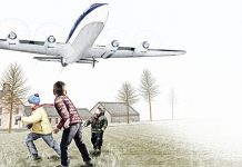 Illustration of Lockheed L-1049C Super Constellation flying low over a farm building with three boys on the ground looking up at the aircraft above them while running for safety.