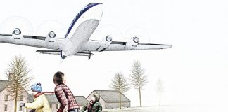 Illustration of Lockheed L-1049C Super Constellation flying low over a farm building with three boys on the ground looking up at the aircraft above them while running for safety.