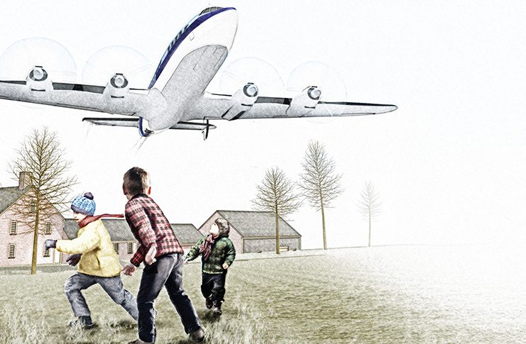 Illustration of Lockheed L-1049C Super Constellation flying low over a farm building with three boys on the ground looking up at the aircraft above them while running for safety.
