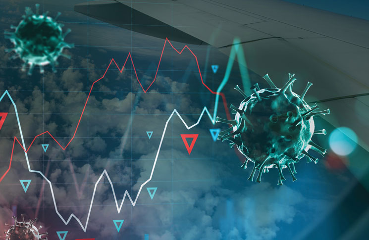 Abstract representation of COVID-19, an aircraft flying in the sky and an abstract global marketplace graph