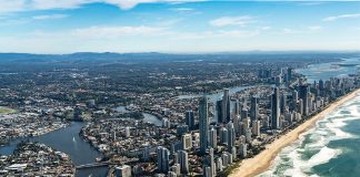 Aerial view of the Gold Coast from the ocean.