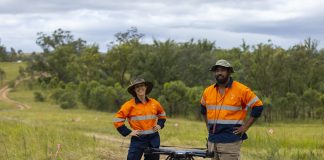 AirSeed’s chief ecologist Charlotte Mills and chief remote pilot Ru Maka at a project site in Queensland