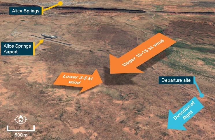 Departure site and prevailing winds. Image: Google Earth, annotated by ATSB