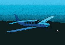 Illustration of Piper Saratoga flying over a dark landscape with a small light visible on the ground.