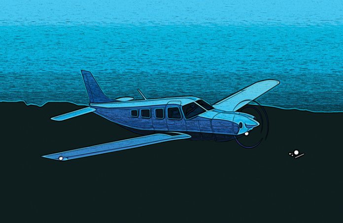 Illustration of Piper Saratoga flying over a dark landscape with a small light visible on the ground.