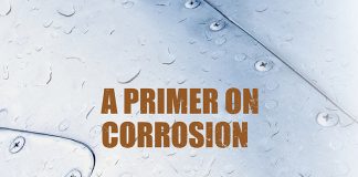 Illustration of beads of water on a metal sheet with rivets and the words 'a primer on corrosion'