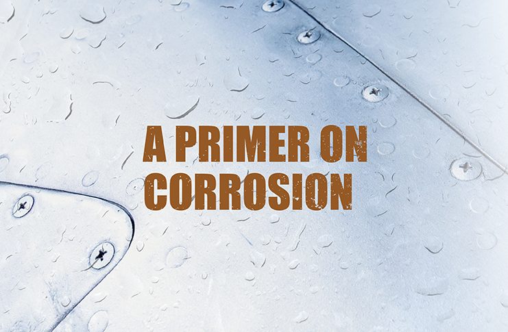 Illustration of beads of water on a metal sheet with rivets and the words 'a primer on corrosion'