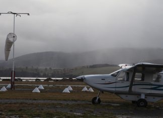 Airvan GA-8 in poor weather conditions at Cambridge Aerodrome, Tasmania.