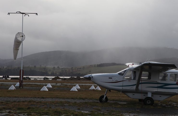 Airvan GA-8 in poor weather conditions at Cambridge Aerodrome, Tasmania.